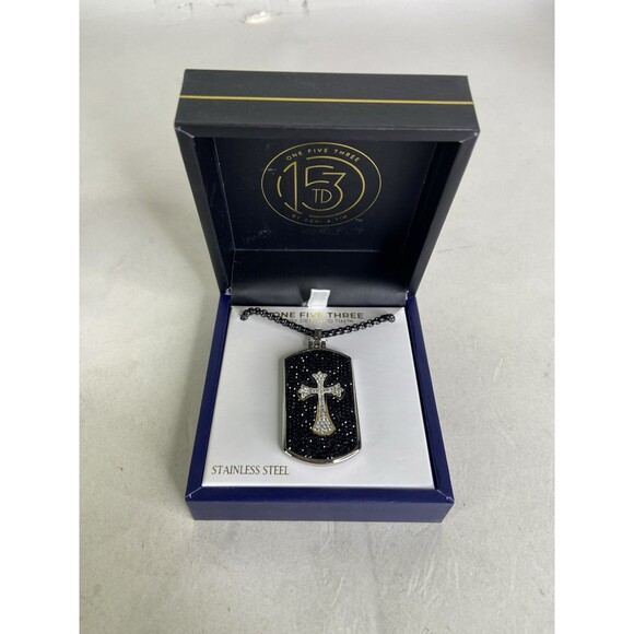 Faith Jewelry Mens Stainless Steel Two Tone Crystal Cross Tag Pendant Necklace - Picture 2 of 10